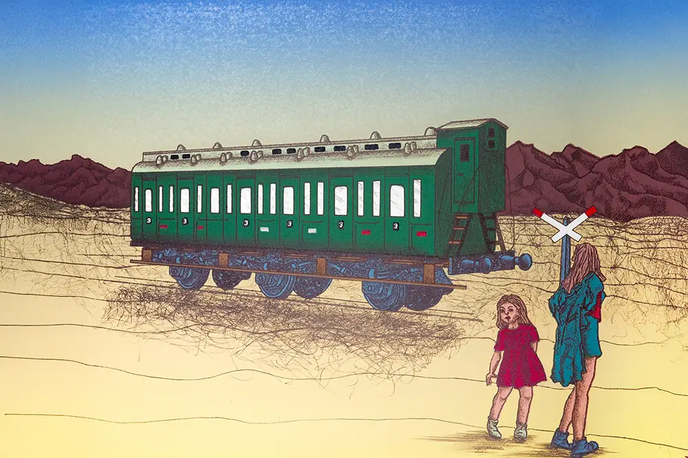 Lithografie kunstwerk van 2 meisjes bij een trein in de woestijn