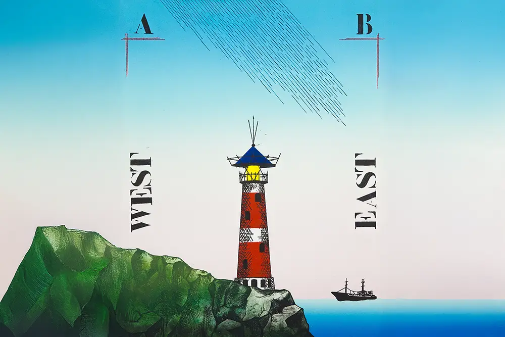 Ets kunst vuurtoren aan zee kleurrijk bepeerkte oplage