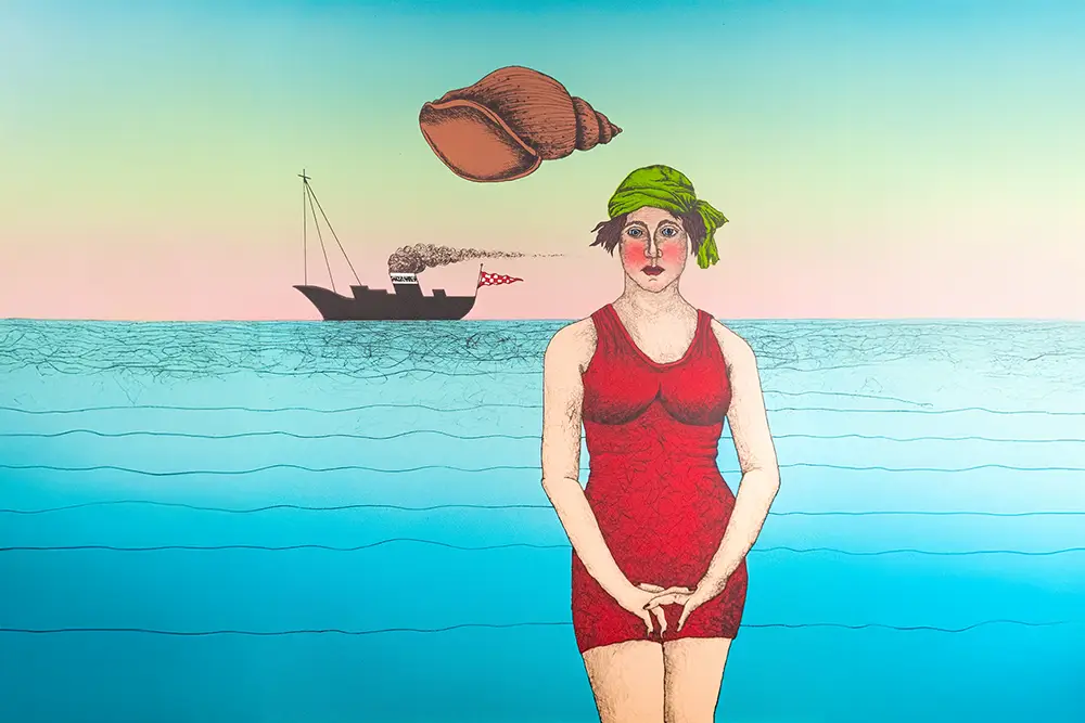 Lithografie kunstwerk van vrouw in rood badpak bij zee met boot