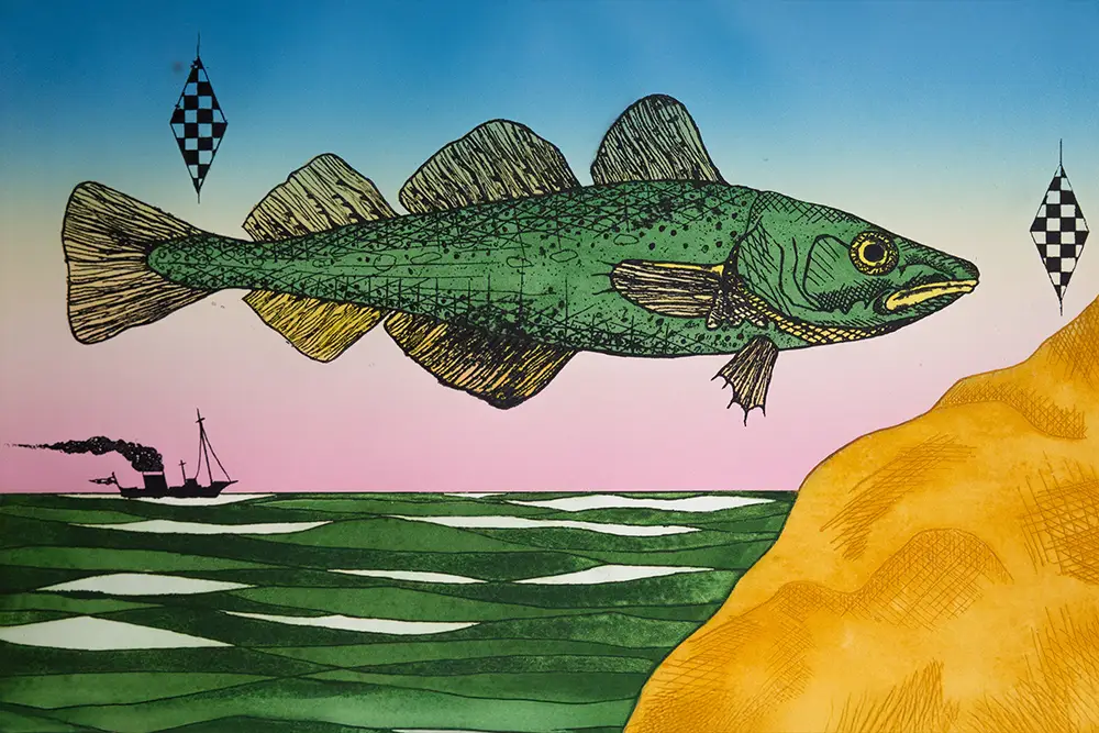 Expressionele lithografie kunst van een vis zwevend boven de zee met een boot